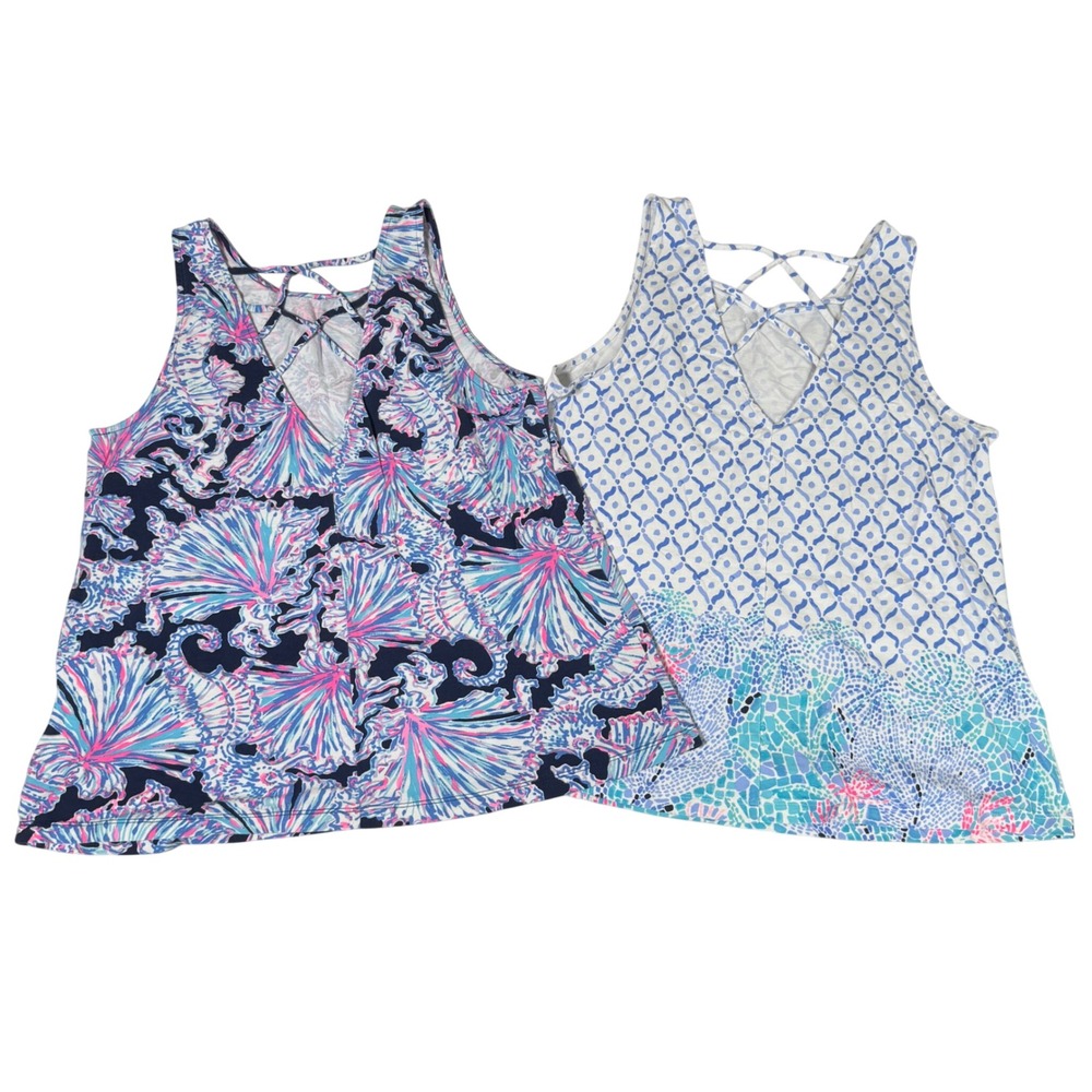 Lilly Pulitzer Lot of 2 - Etta V-Back Tank Top Pima Cotton Modal Blue Pink M - Picture 2 of 11